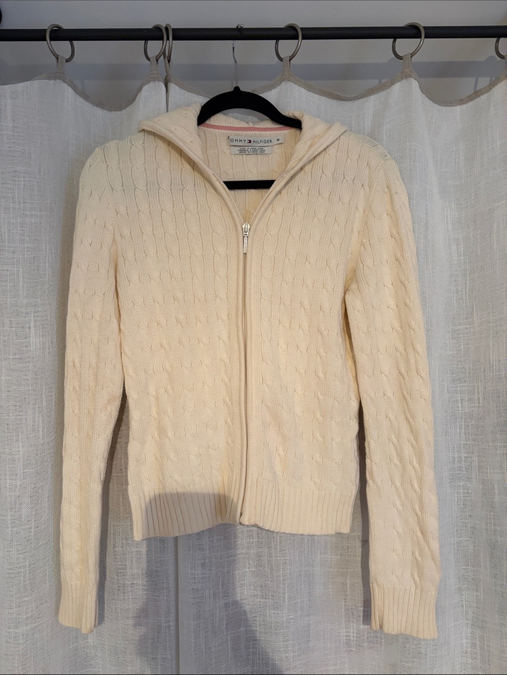 Tommy Hilfiger Cream Cable-Knit Zip Hoodie Sweater
